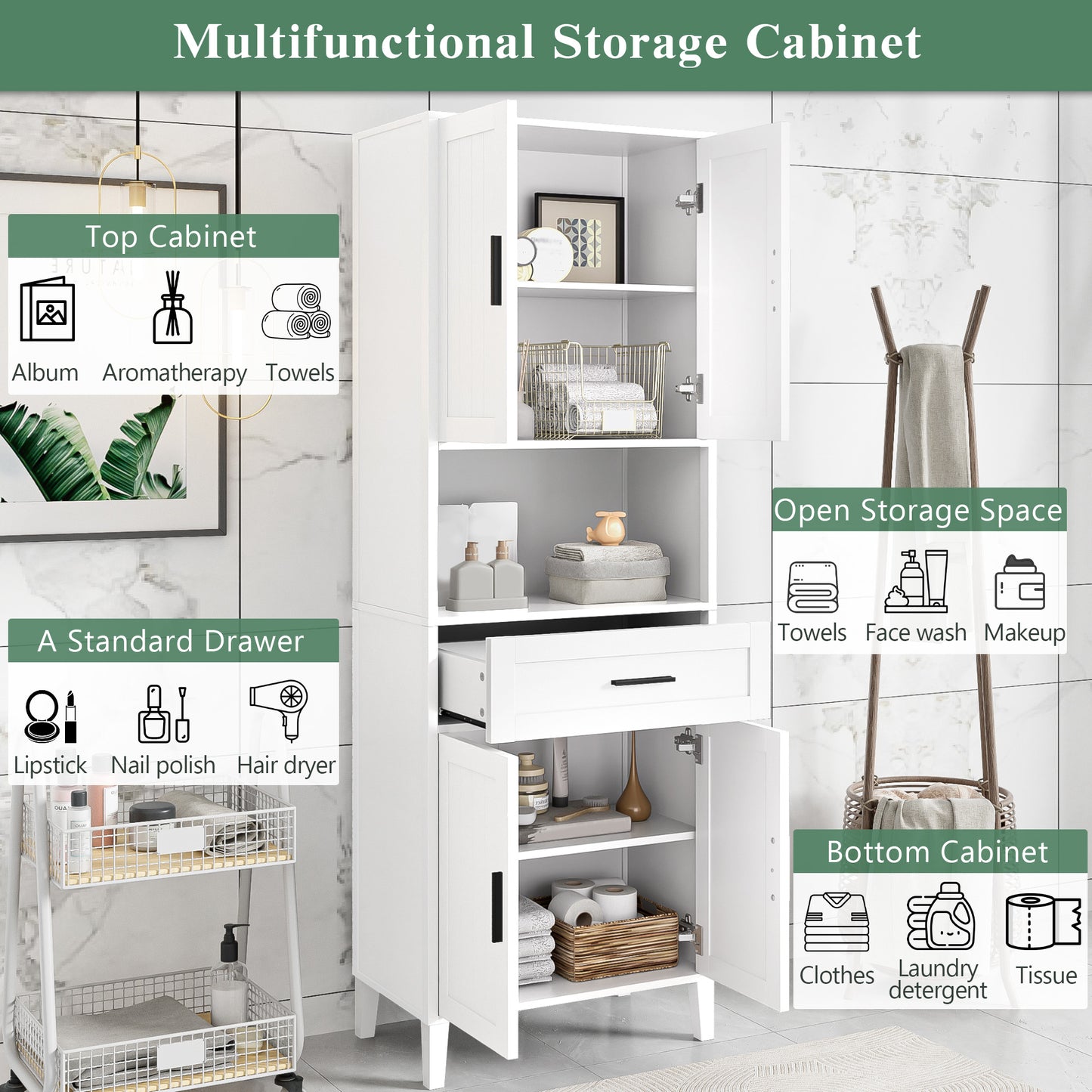 70.9" High Freestanding Bathroom Cabinet with 2 Cabinets & Drawer