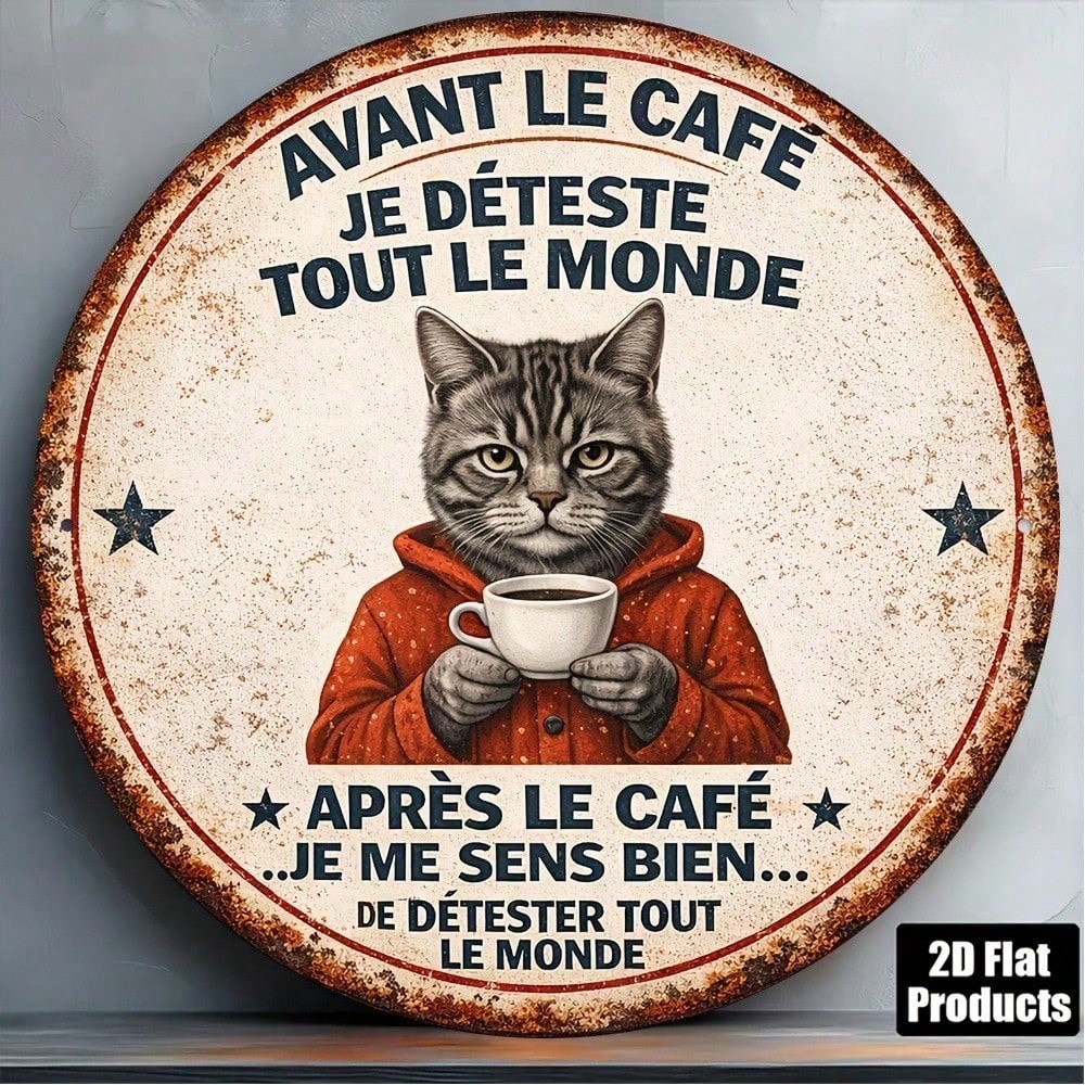 Vintage French Lover Cat Round Metal Wall Sign - 8x8in