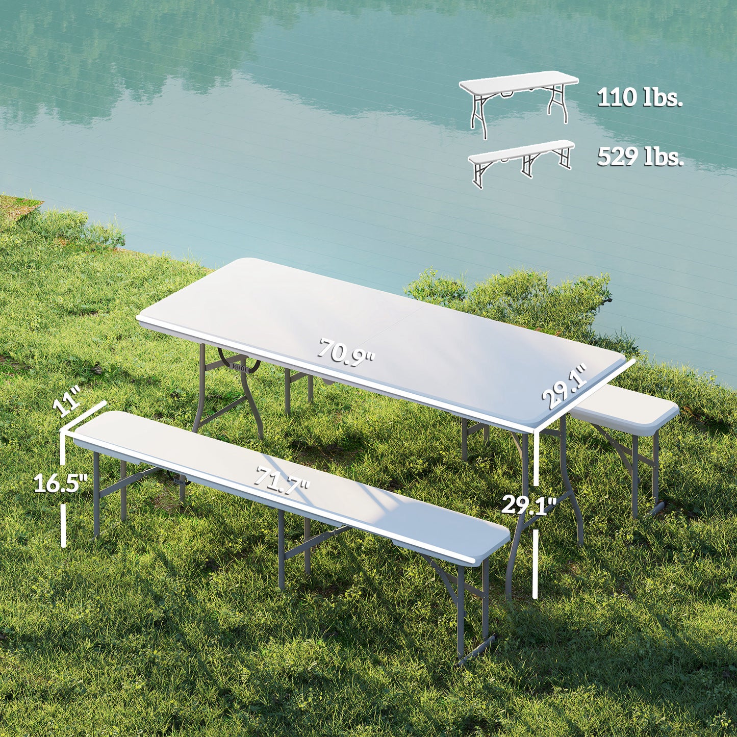 Portable Camping Table and Chairs Set - Folding Picnic Bench, White