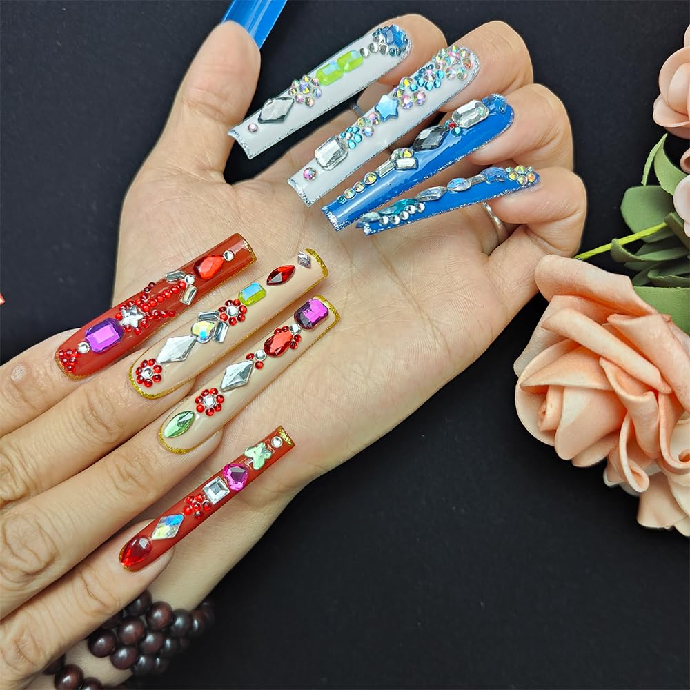 Long Handmade Press-On Nails with Butterfly & Rhinestones - Size M