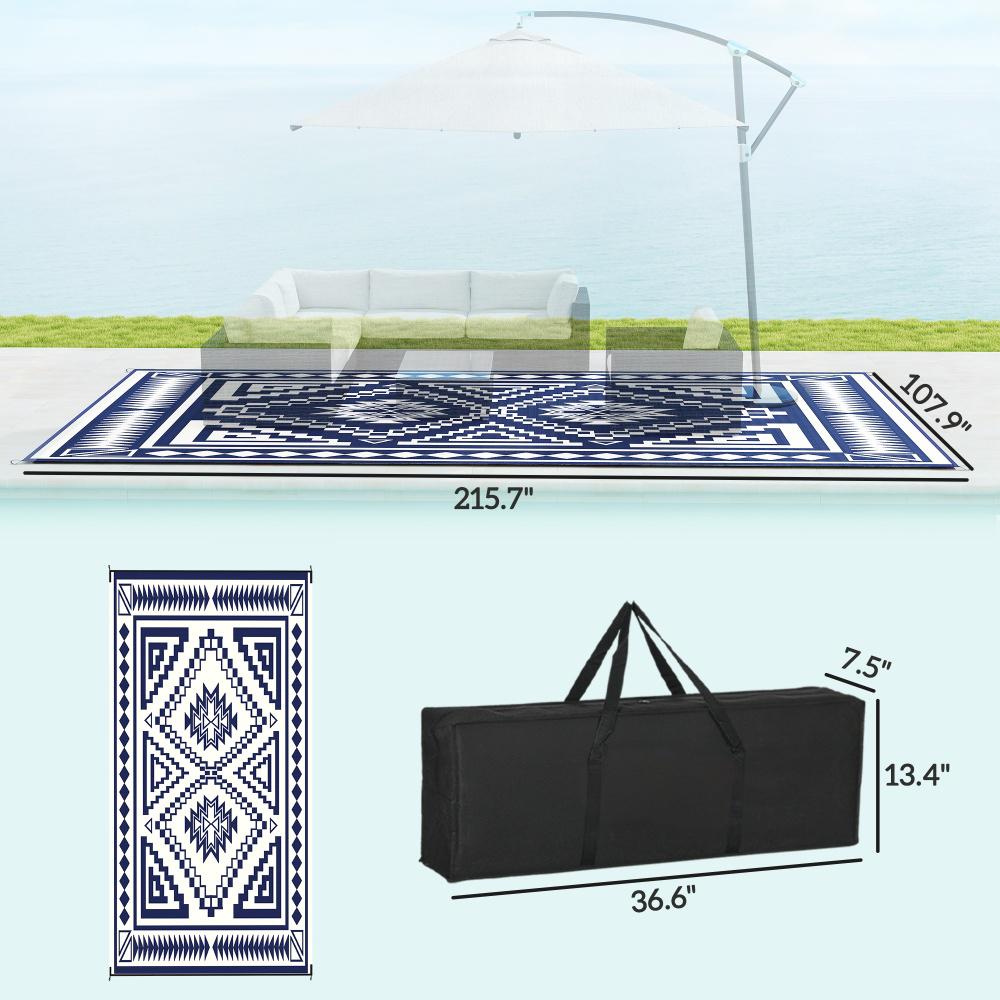 Reversible Outdoor Rug - Waterproof Plastic Straw, 9' x 18', Blue & White Patchwork
