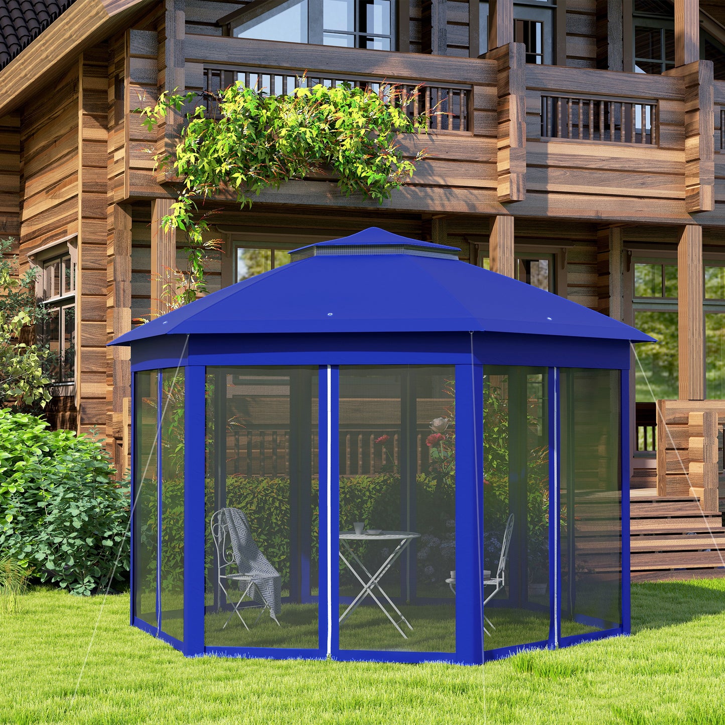 13' Hexagonal Pop Up Gazebo Canopy with Mesh Sidewalls - Blue
