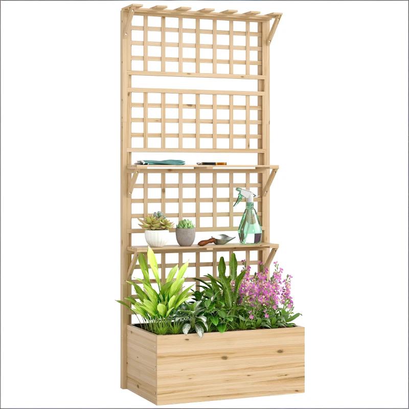 Elevated Wooden Planter Box with Trellis and Storage Shelves