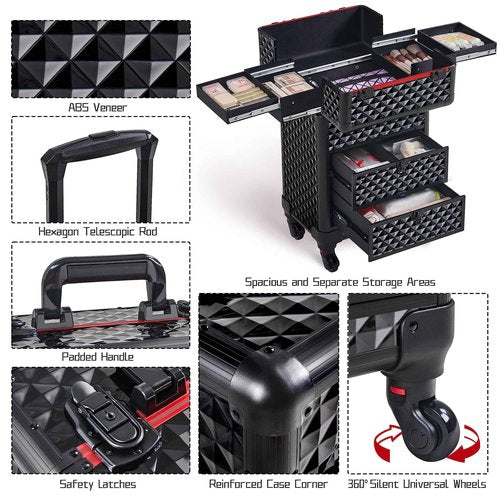 Yaheetech Rolling Makeup Train Case with Drawers Professional Nail Tech Travel Case Cosmetics Storage Organizer Beauty/Nail Art/Hair Styling Travelling Cart Trunk Black