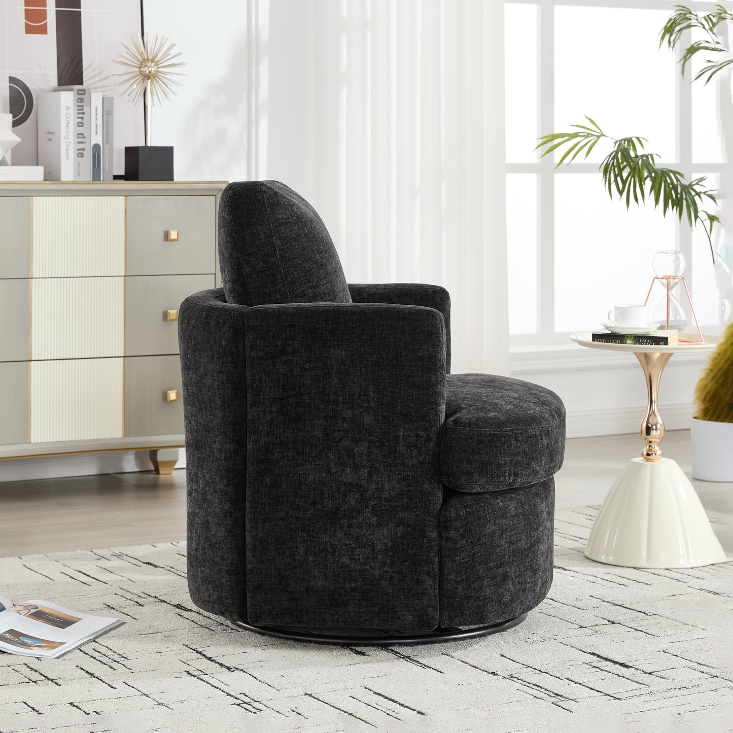 Black Swivel Accent Chair - 360 Degree Upholstered Barrel Chair