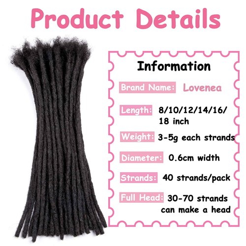Lovenea Crochet Dreadlocks Extensions 10 Inch 40 Strands 100% Human Hair Locs Extensions All Handmade Crochet Permanent Loc Extensions Diameter 0.6 cm Natural Black Color (10 Inch, 40 Strands)