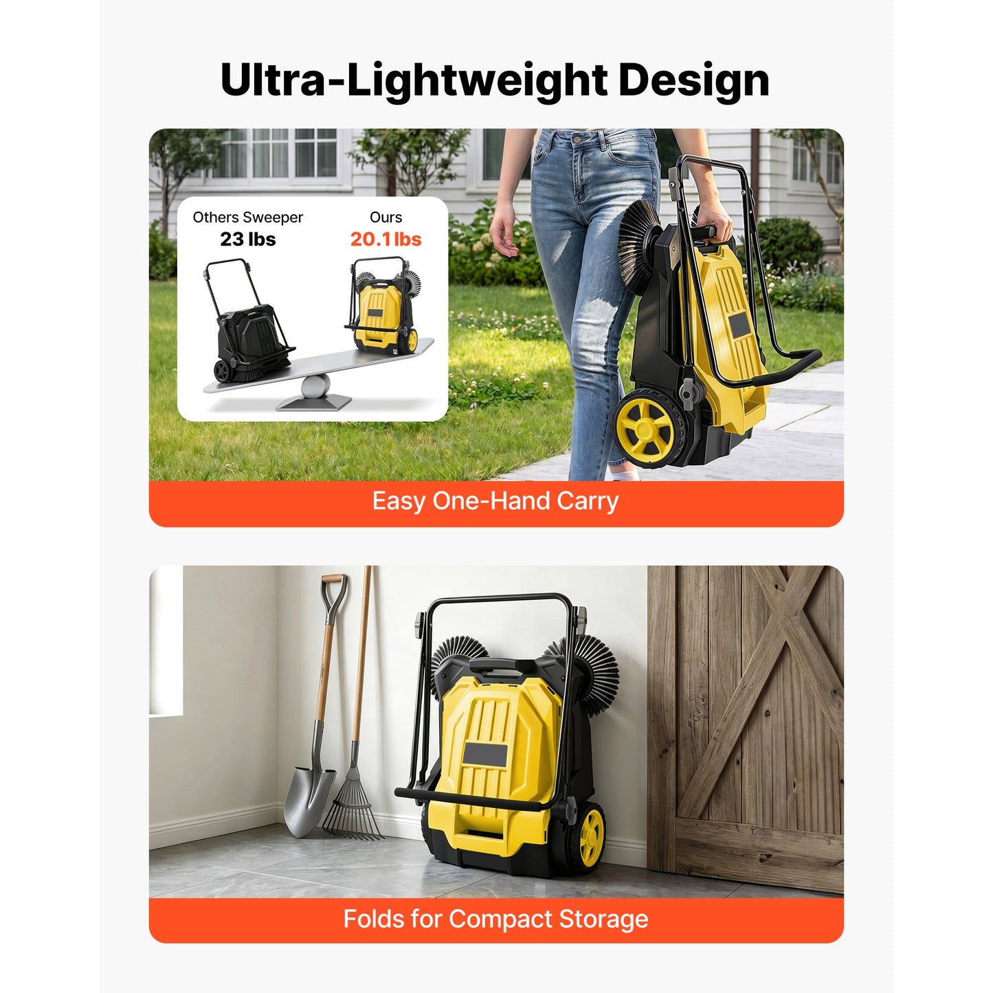 Manual Walk-Behind Floor Sweeper, 25.6 Inch Width, Waste Container, Foldable Handle - Yellow