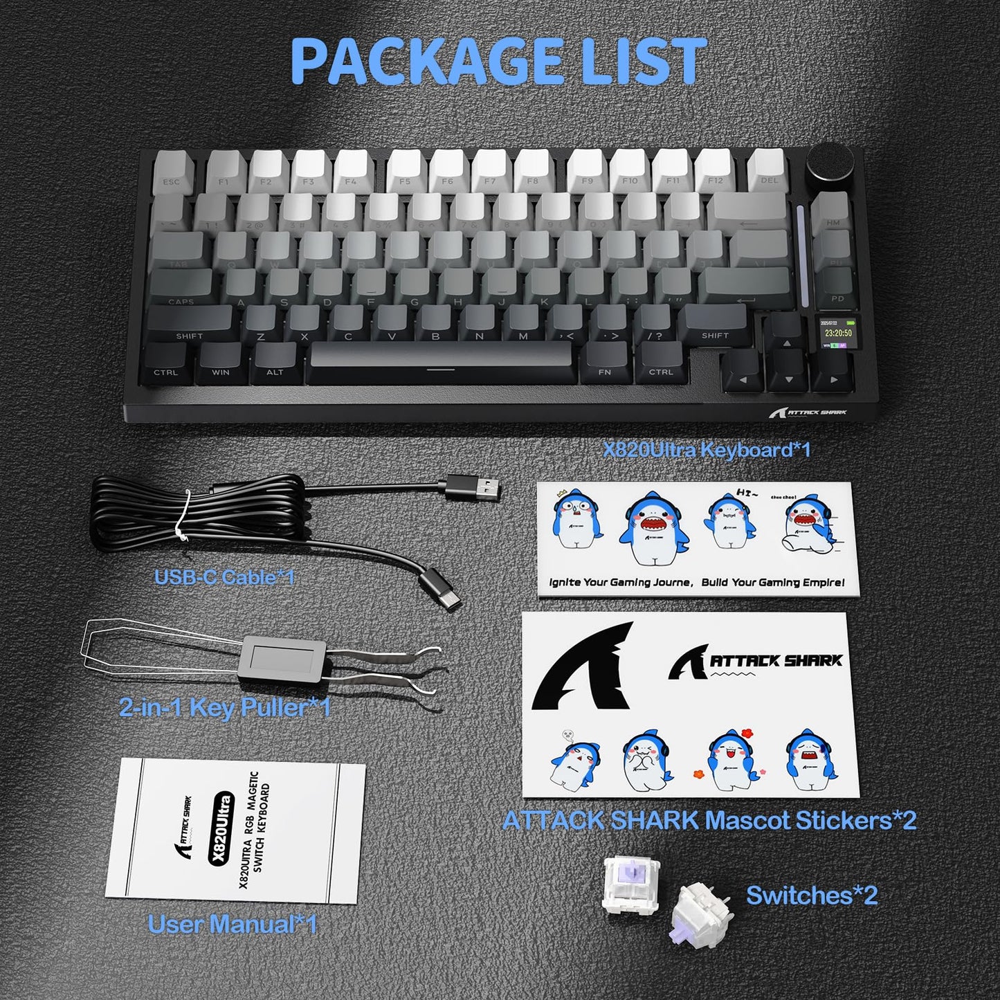 ATTACK SHARK X820 Ultra 75% Wireless Gaming Mechanical Keyboard Hot-Swappable Gasket Mount RGB Backlit BT/2.4G/Wired Custom Keyboard with Smart TFT Display&Knob QMK Driver-Moonlit Night&Gift Switch