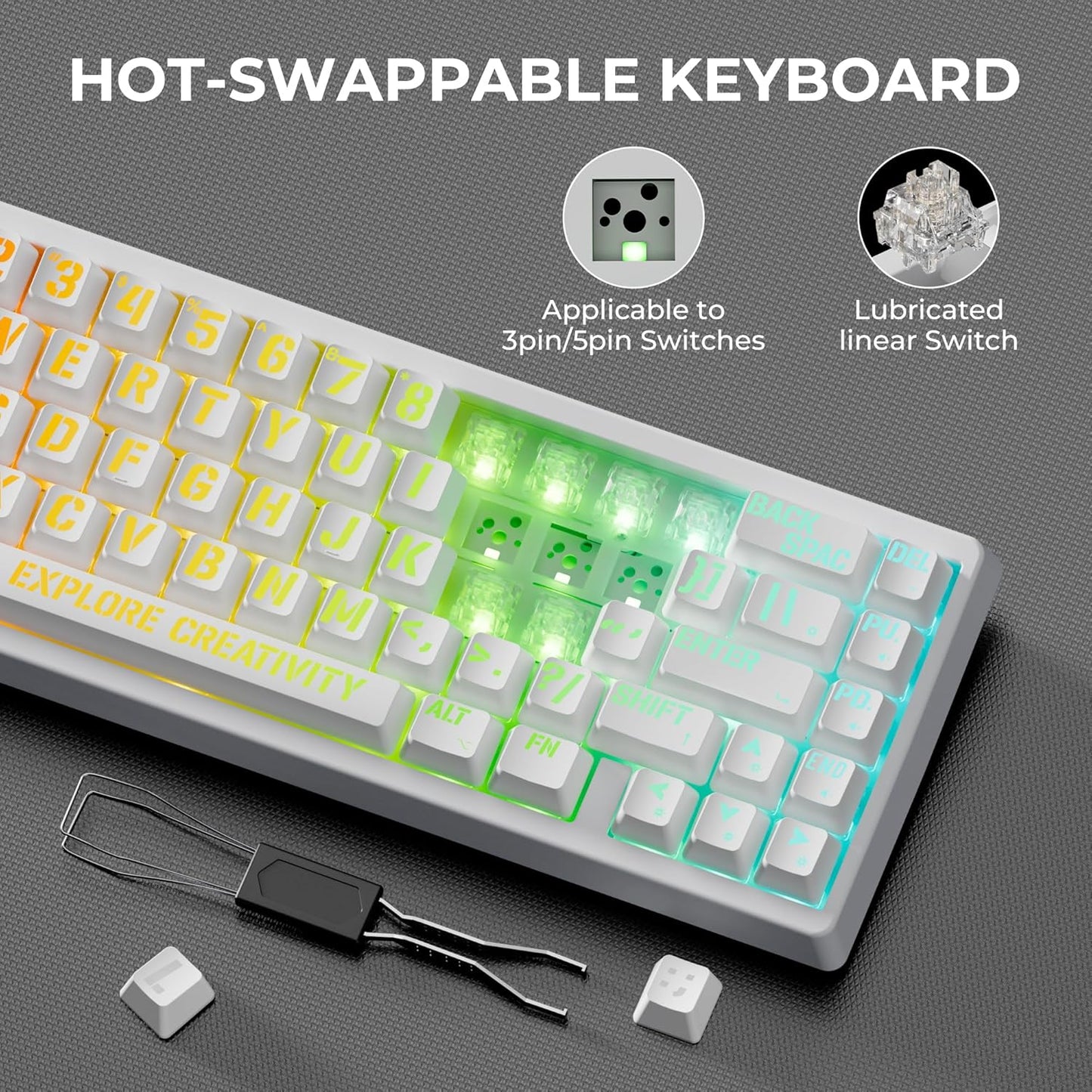 XVX M67 Wireless 60% Percent Keyboard, QMK/VIA Topographic Gaming Keyboard, Tri-Mode Thocky Creamy Mechanical Key Board, Hot Swappable Gasket Mount RGB IMD Tech for Win/Mac, Miami Theme, White