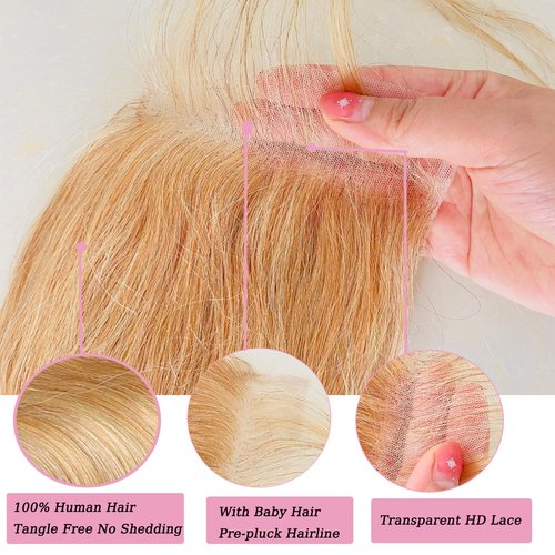 Honey Blonde Closure 5X5 Lace Closure Color #27 Closure 10a Human Hair Natural-Hair-Line Pre Plucked With BabyHair 22 Inch