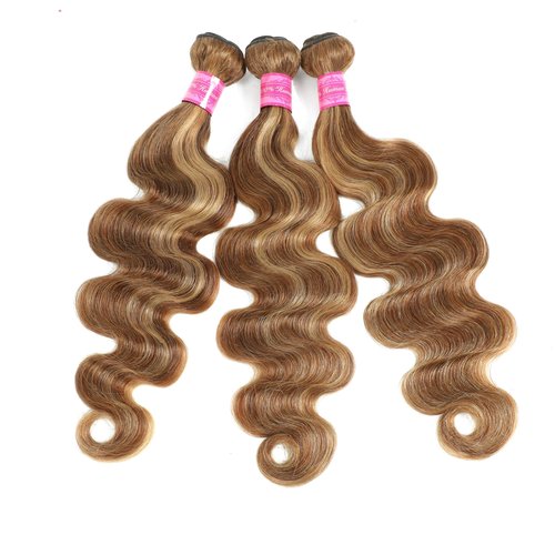 Seekomi Ombre Human Hair Bundles 14 16 18 Inch Highlight 4/27 Body Wave Bundles Human Hair 12A 100% Virgin Colored Brown and Blonde 3 Bundles Human Hair Double Weft Quick Weave for Women, 300g