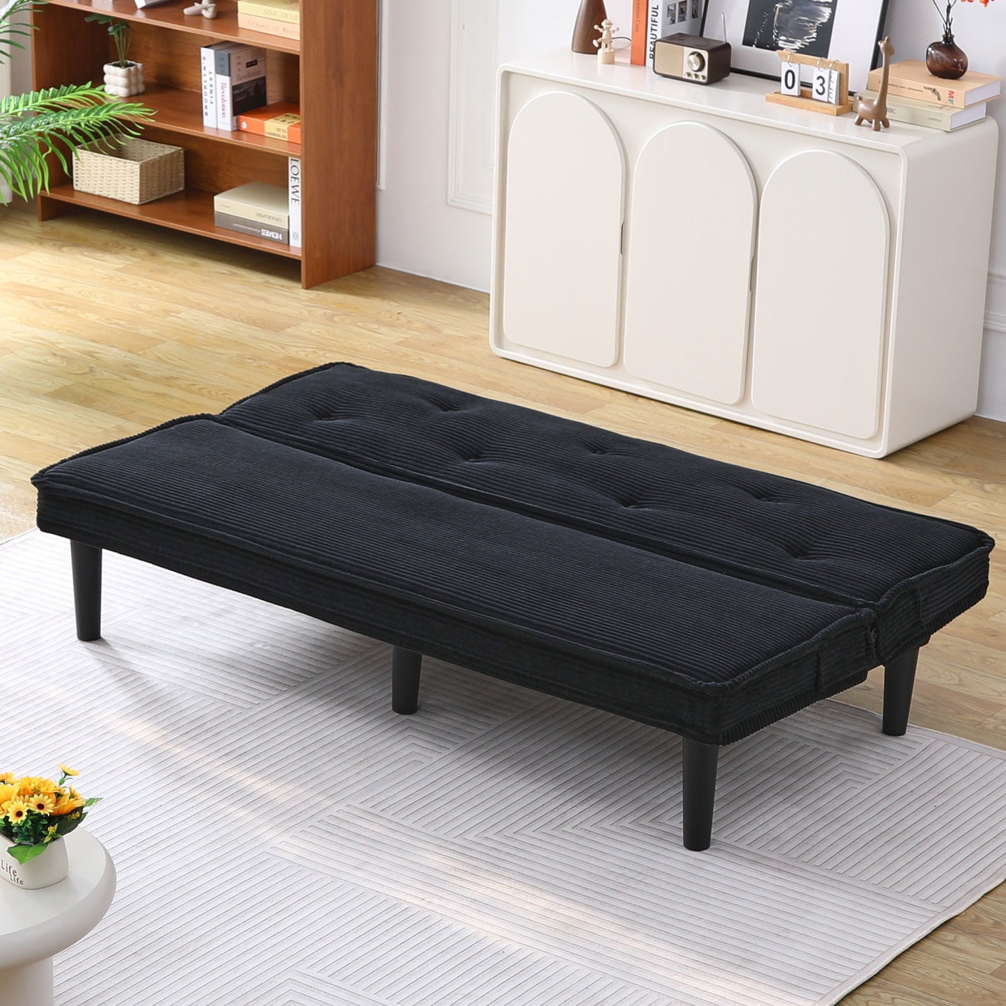 66-Inch Black Corduroy Sofa Bed - Versatile & Comfortable Design