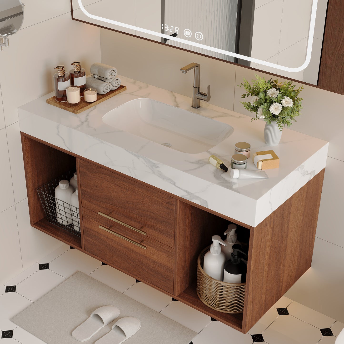 39.4" Floating Bathroom Vanity with Ceramic Sink & 2 Drawers - Walnut/White