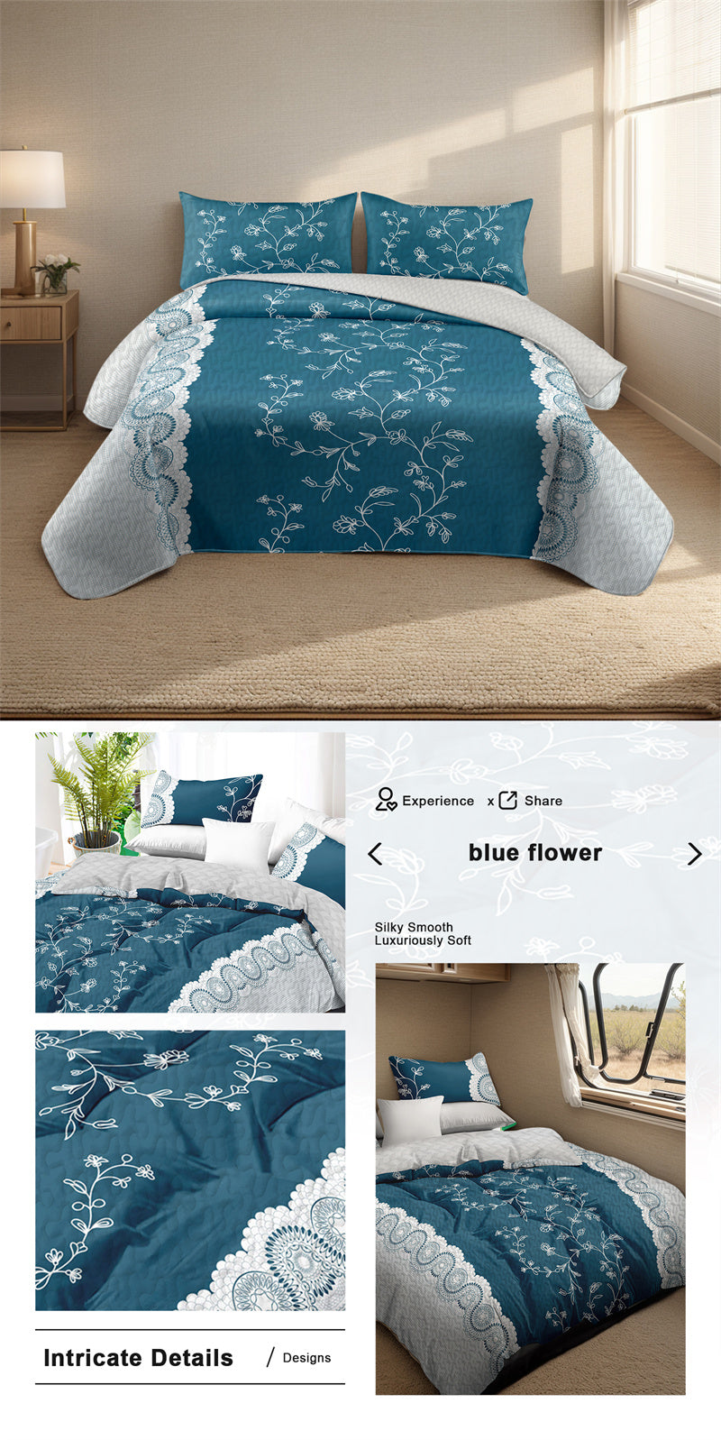 Teal Floral Quilt Set - 3-Piece Bedding with Pillow Shams