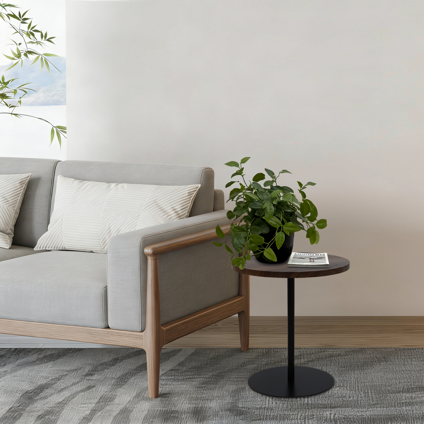 Small Round Side Table Set of 2 - Walnut Brown & Black