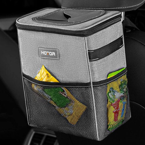 HOTOR Car Trash Can - Multifunctional Car Accessory for Interior Stuff with Compact Design, Waterproof Organizer and Storage with Adjustable Straps, Magnetic Snaps (Light Gray)
