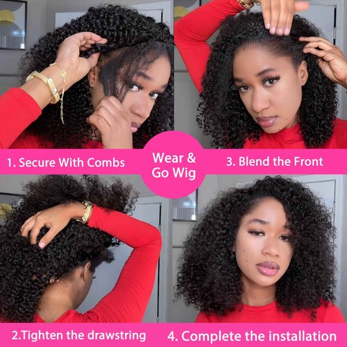 veravicky Curly Half Wig Human Hair - 180% Density Wear Go Glueless Wigs Human Hair 12 Inch Kinky Curly 3 In 1 Half Wig for Women Drawstring Seamless Flip Over Headband Wig Beginner Friendly