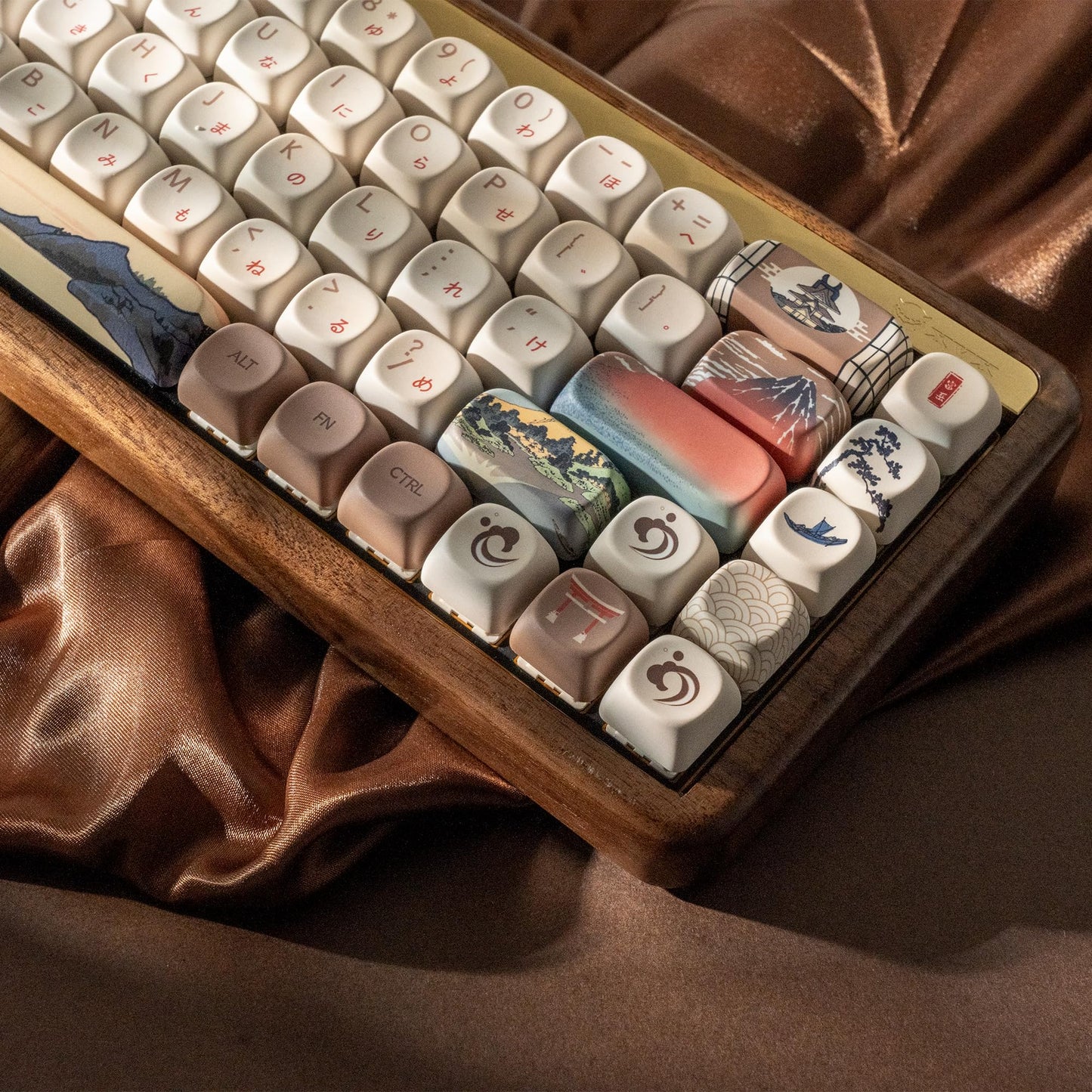 XVX MOA Profile Japanese Fuji Mountain Theme PBT Keycaps Set, 140-Key Coffee & Cream Custom Keycaps for US Layout Mechanical Keyboards (Brown/Beige Design with Key Puller)