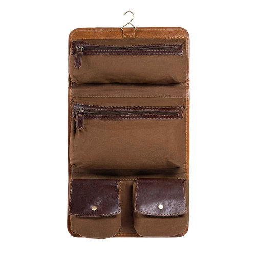 KomalC Premium Buffalo Leather Hanging Toiletry Bag Travel Dopp Kit (Yellow Tan)