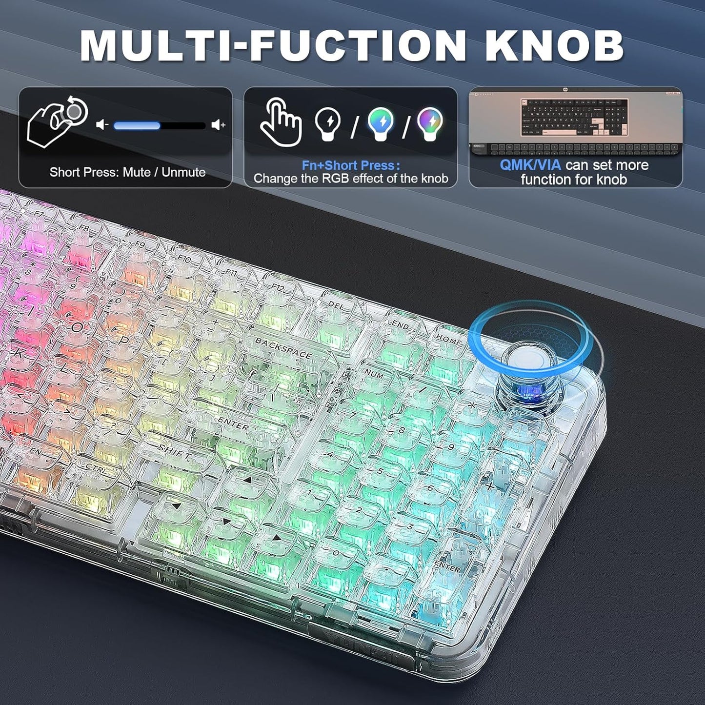 YUNZII X98 QMK/VIA Wireless Mechanical Gaming Keyboard with Knob,Tri-Mode BT5.0/USB-C/2.4GHz Hot Swappable Keyboard,Pre-lubed Switches Gasket Mount RGB Backlit for Wins/Mac (White, Snow Switch)