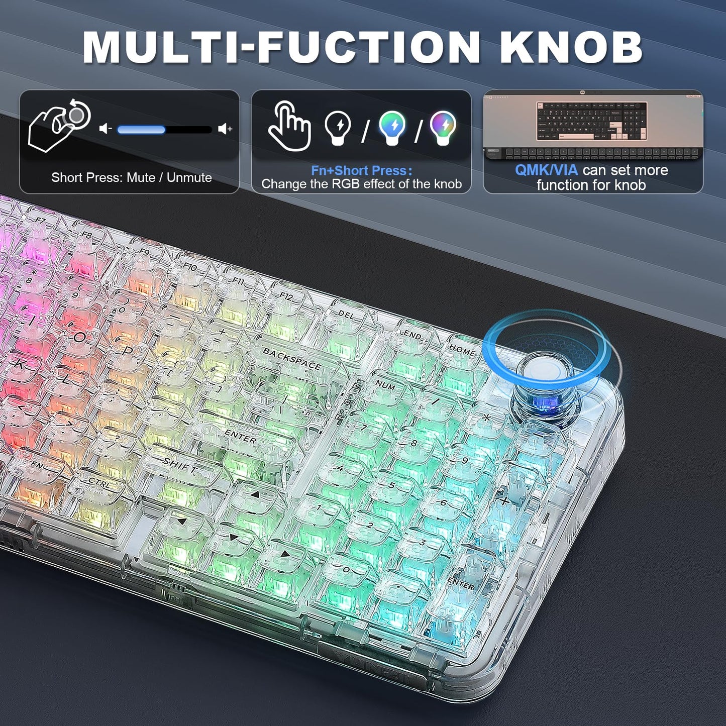 YUNZII X98 QMK/VIA Wireless Mechanical Gaming Keyboard with Knob,Tri-Mode BT5.0/USB-C/2.4GHz Hot Swappable Keyboard,Pre-lubed Switches Gasket Mount RGB Backlit for Wins/Mac (White, Snow Switch)
