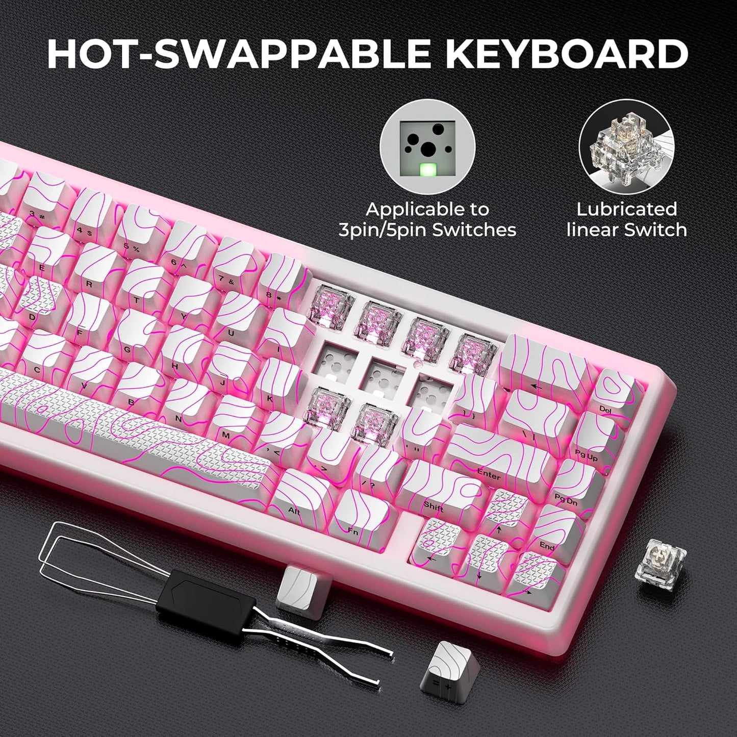 XVX M67 Wireless 60% Percent Keyboard, QMK/VIA Topographic Gaming Keyboard, Tri-Mode Thocky Creamy Mechanical Key Board, Hot Swappable Gasket Mount RGB IMD Tech for Win/Mac, Miami Theme, White