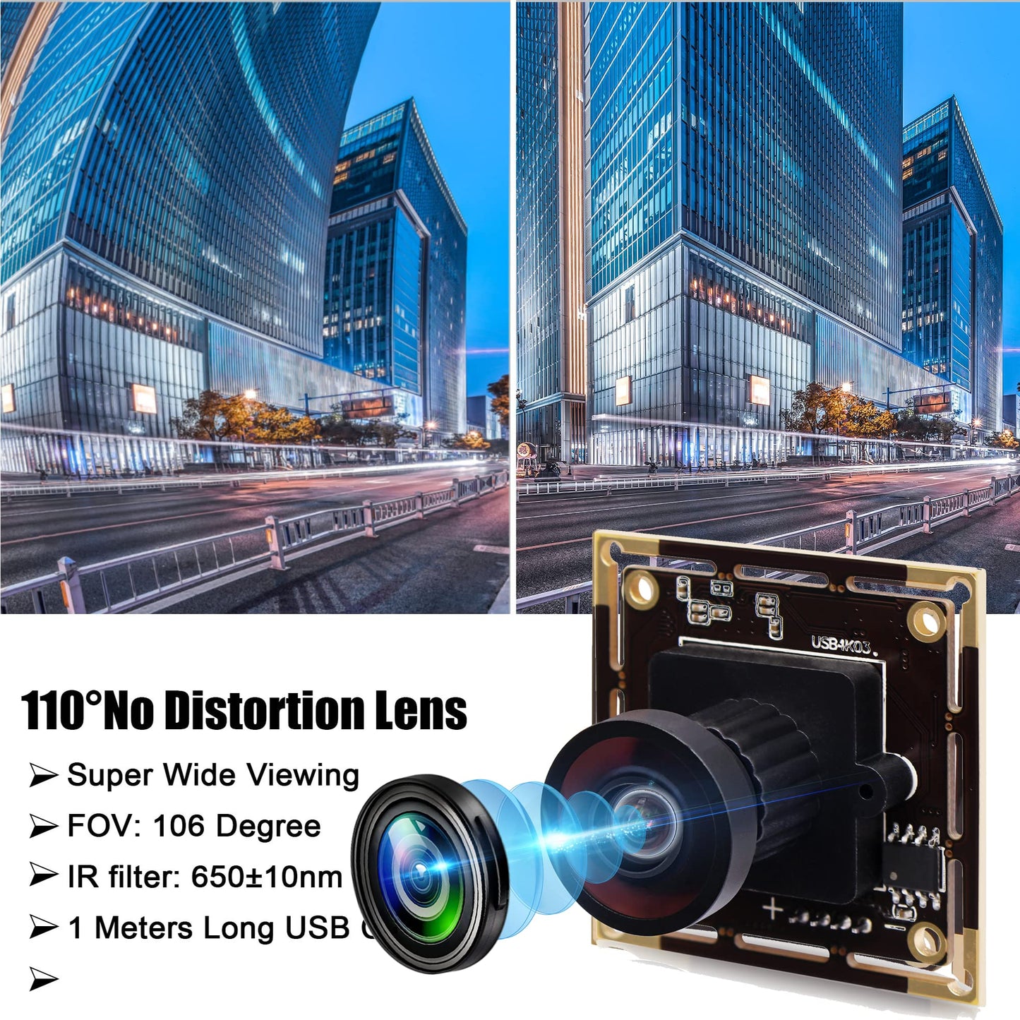 4K USB Camera Module with 110 Degree Wide Angle No Distortion Lens 2160P Ultra HD USB Camera Board for Computer and Raspberry Pi Industrial Lightburn Camera Plug and Play for Windows Linux Jetson Nano