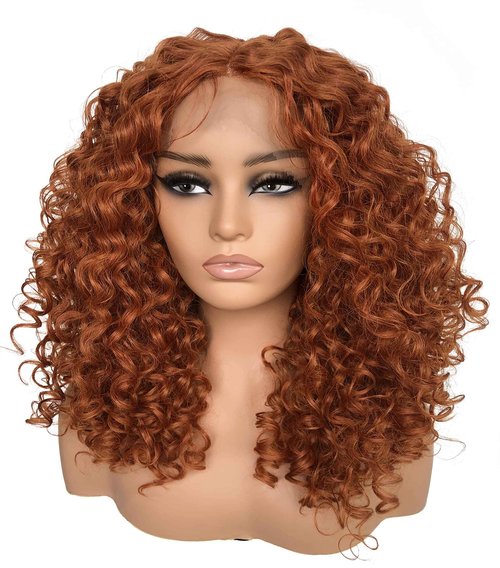MITIMES 16inch HD Pre Plucked Ginger Curly Lace Front Wig Human Hair Blend Synthetic Ginger Orange Short Curly Lace Front Wigs for Black Women