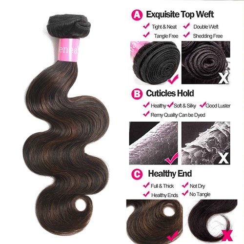 Lovenea Highlight Brown Body Wave Virgin Hair 3 Bundles 10 12 14 Inch 10A Brazilian Human Hair Extensions Ombre Color Body Wavy Human Hair Weave Bundles (FB30, 10 12 14)