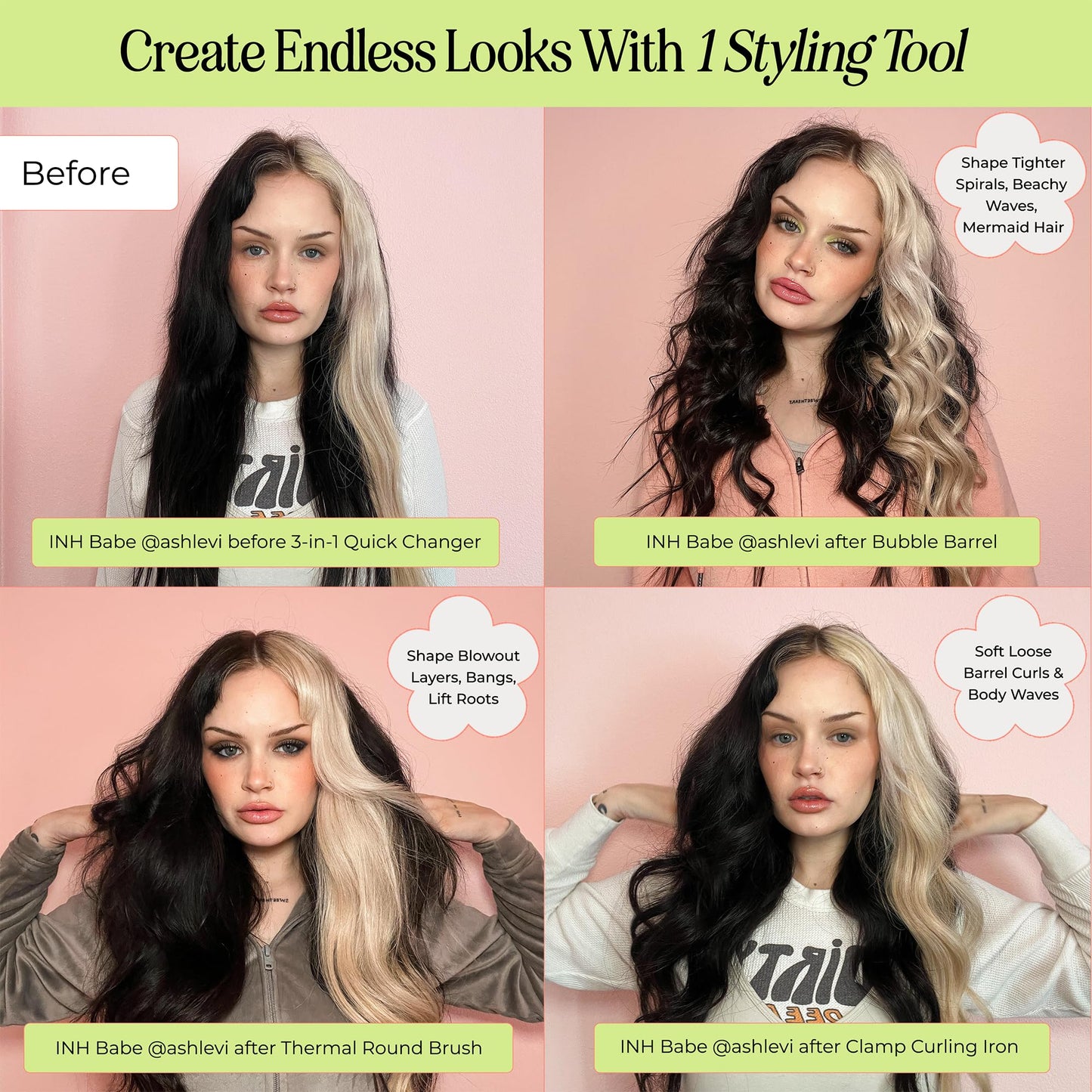 INH Hair 3-in-1 Quick Change Styler | Interchangeable Styling Tool with 3 Detachable Heads: Thermal Round Brush, Clamp Curling Iron, and Bubble Barrel