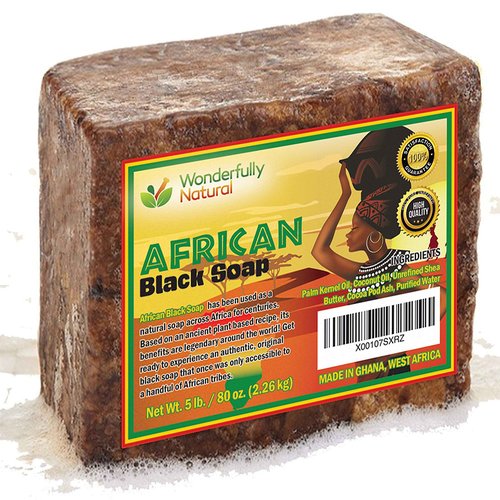 Wonderfully Natural Organic African Black Soap - 5 Pound Best for Acne, Eczema, Dry Skin, Psoriasis, Scars, Dermatitis, White Heads Pimples, Face & Body Wash, Raw Handcrafted Beauty Scrub Bar