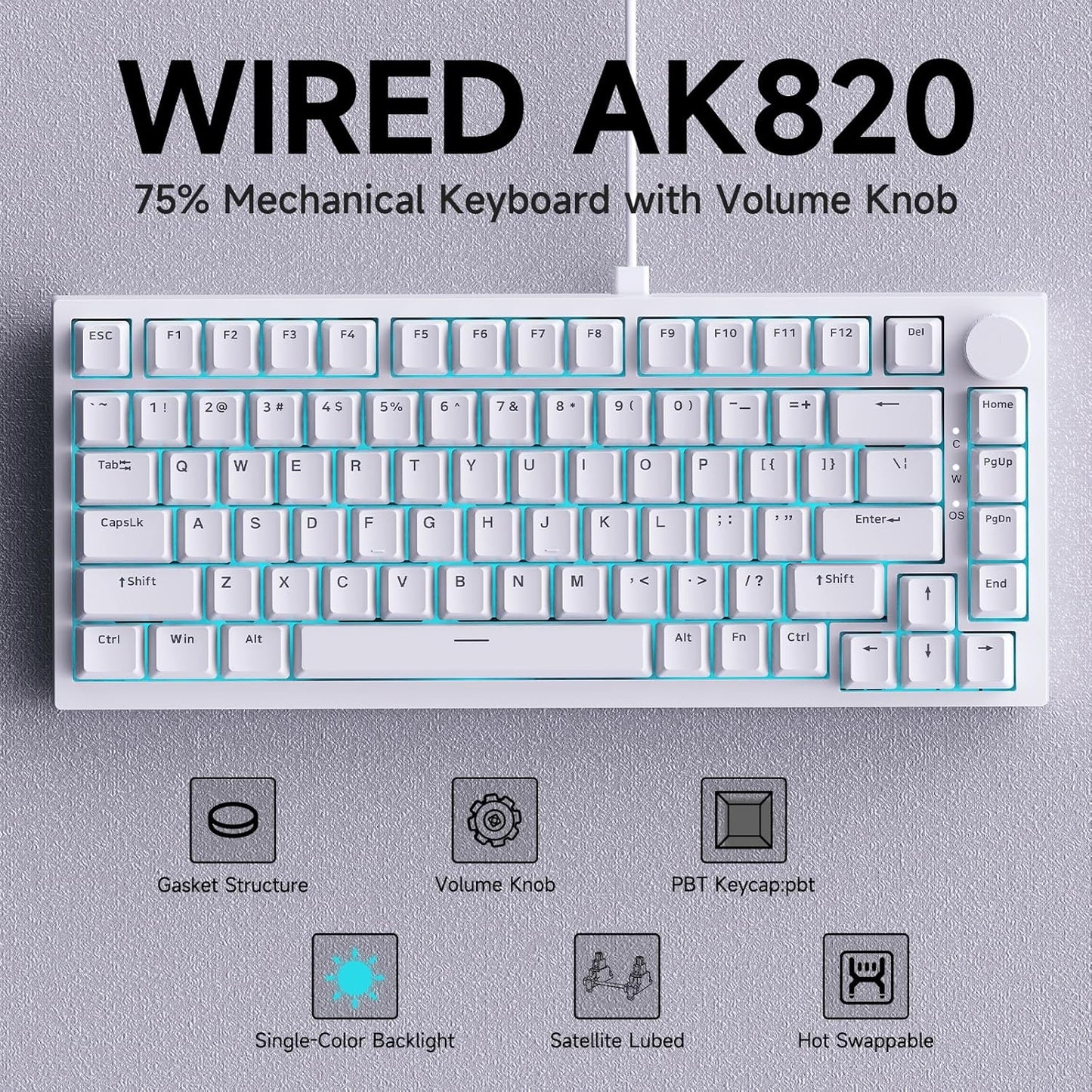 AJAZZ AK820 75% Wired RGB Gasket Mechanical Keyboard with Volume Knob, South Facing LED, Poron Foam, PBT Keycaps, Custom Programmable Hot-Swap Keyboard