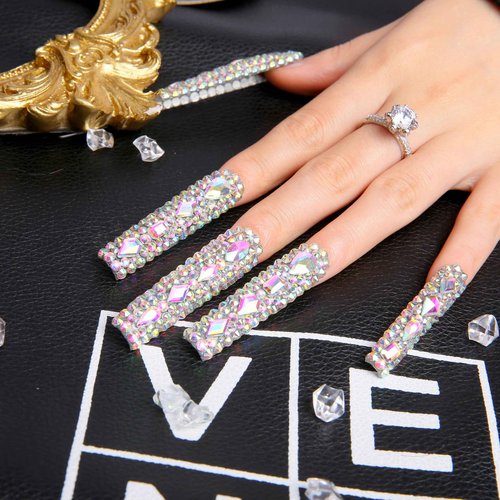LOVFUL Press on Nails Eternal Stunning | Handmade with Full Covered Crystals | Reusable Fake Nails | Square Long 2.2 in | H46-M