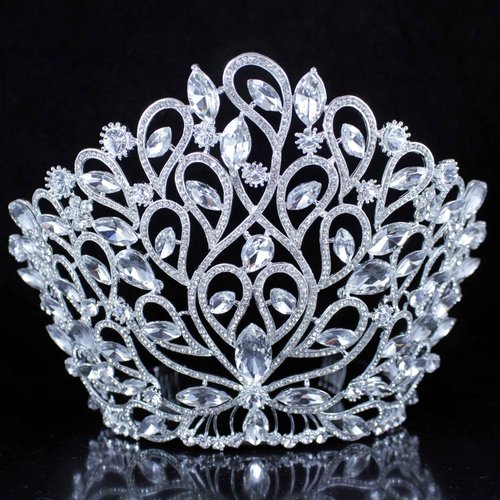 Janefashions Fancy Beauty Queen Crystal Rhinestone Tiara Crown With Hair Combs Wedding Bridal Beauty Contest Prom Pageant Silver Plated T994