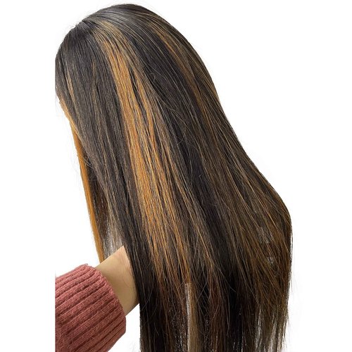 Silky Straight Ombre Honey Blonde Lace Front Wig 22" Highlights Human Hair for Women Pre Plucked Ombre 13x4 Lace Front HD Transparent Wig Black Mixed Brown Hair with Roots Can be Curled 150% Density