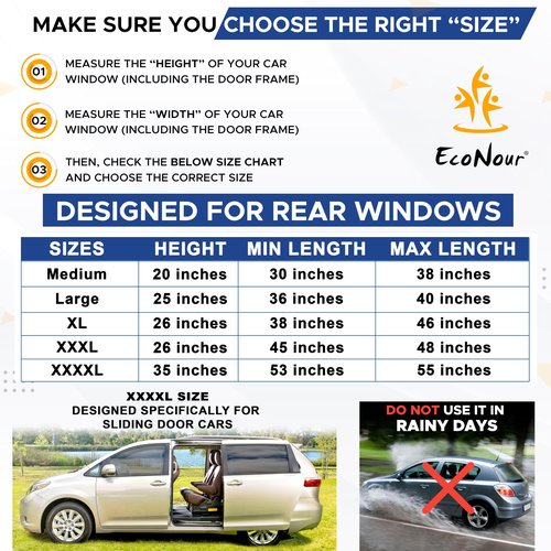 EcoNour Car Window Screens for Camping (Pack of 2) | 100% Protection from Bugs, UV and Mosquito Net | Breathable Mesh Baby Window Covers for Privacy Blackout (Medium 38"x20") | Car Window Accessories