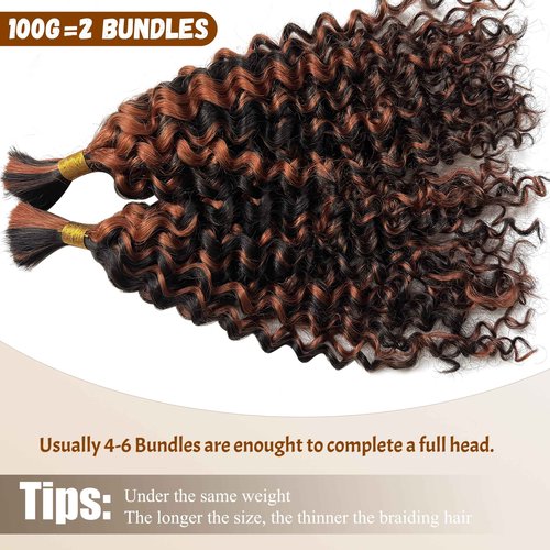 Belaved Ombre Human Braiding Hair 1B/30 Deep Water Wave Braiding Hair 2 Bundles Highlight Curly Bulk Human Hair Extensions for Boho Braids100g 30 Inch Balayage Knotless