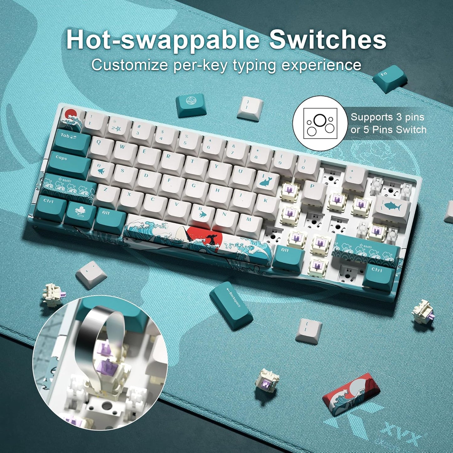 XVX 60% Gaming Keyboard, RGB 3-Modes Wireless Mechanical Keyboard, Mini 60 Percent Gamer Keyboard with Hot-Swappable Pre-lubed Linear Switch for Windows & Mac (Great Wave Off Kanagawa), M61 Pro