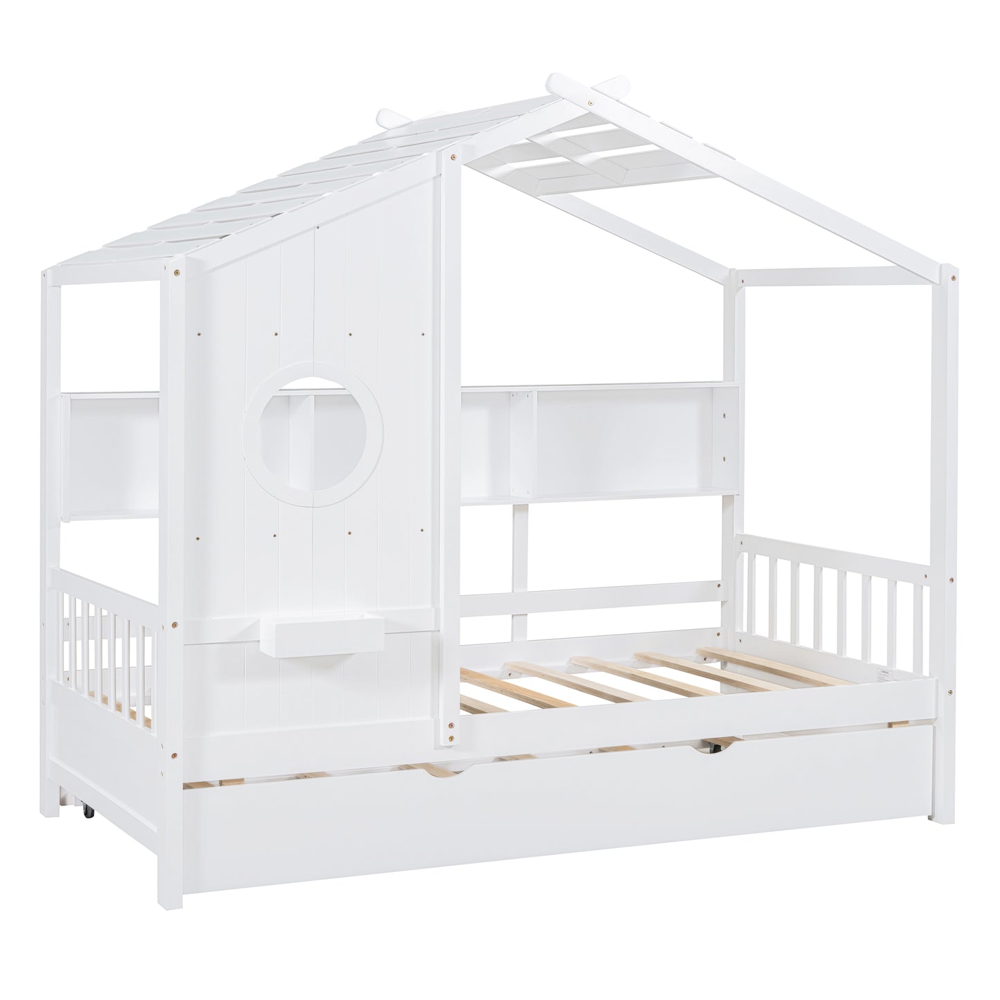 Wooden Twin Size House Bed With Trundle, Modern Design For Kids