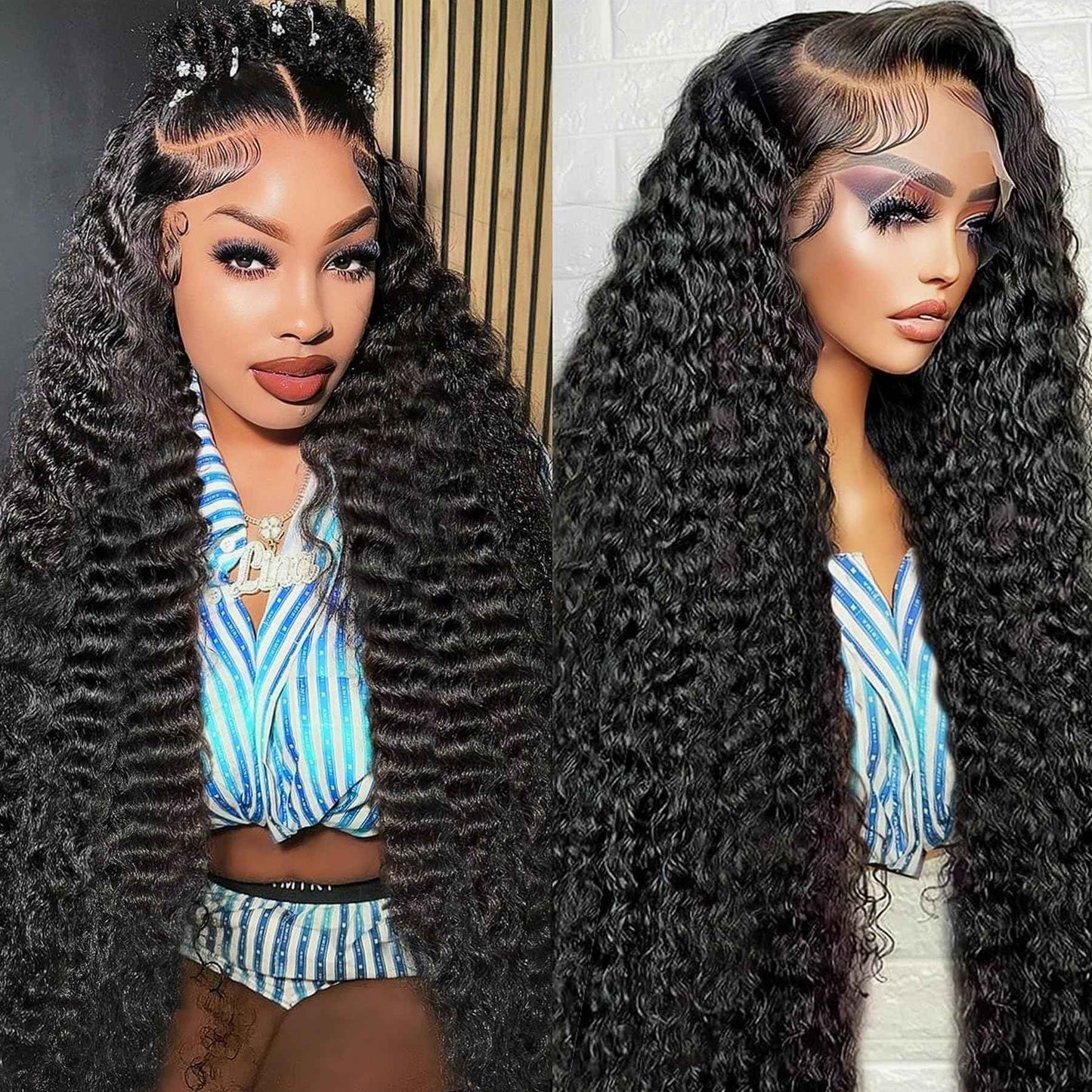 30 Inch Water Wave Lace Front Wigs Human Hair 200% Density Pre Plucked 13x6 HD Transparent Lace Frontal Wigs Human Hair For Women Deep Curly Glueless human hair wig (Black, 30 Inch)