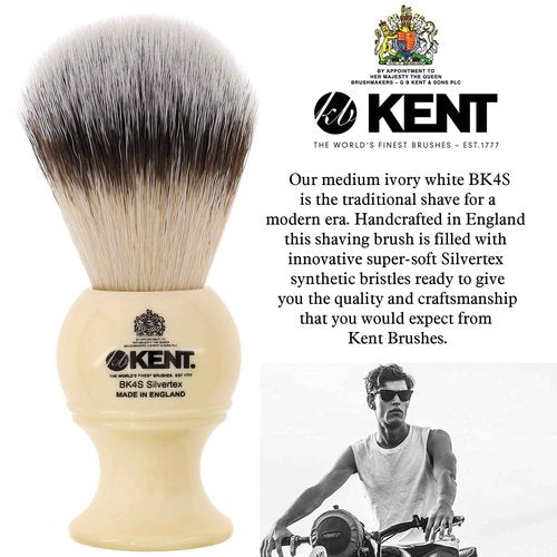 Kent BK4S Shaving Brush with Ultra-Soft Silvertext Synthetic Bristles and Faux Ivory Resin Handle with VSB5 Small White Plastic Shaving Brush Stand for Self Adhesive Hang Drying Shave Brush