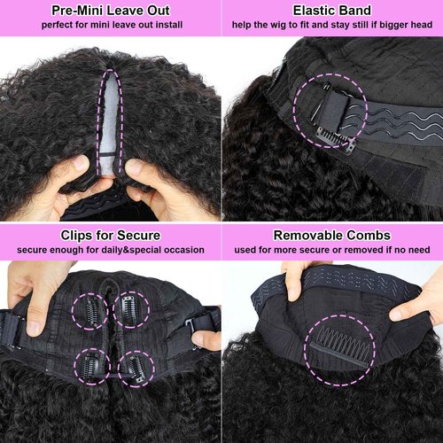 Domiso V Part Human Hair Wig Afro Kinky Curly V Part Wig No Glue No Sew Clip in Half Wig No Leave Out Elastic Band and Removable Clips for Secure Beginner Wig 18 Inch