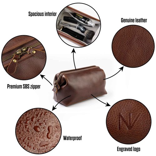 NV Holders Premium Genuine Leather Toiletry Bag for Men - The Ultimate Travel Dopp Kit and Hygiene Organizer, Perfect Men's Toiletry Travel Bag (Brown)
