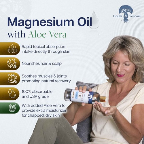 Health & Wisdom Pure Magnesium Oil with Aloe Vera - Topical Muscle & Joint Relief- Natural and Pure Skin Moisturizer - Enhanced Absorption - 64 fl oz