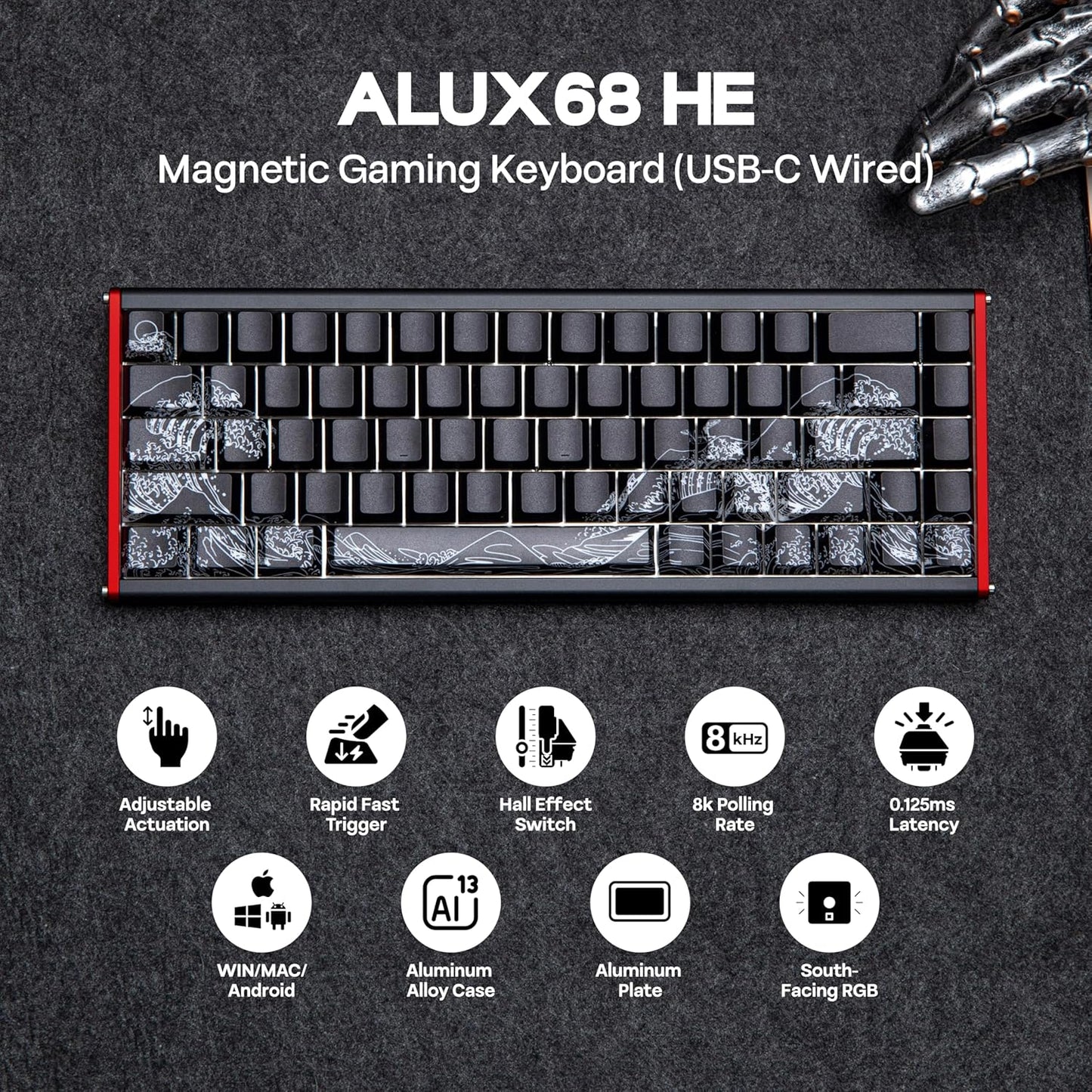 AJAZZ ALUX68 HE Aluminum Rapid Trigger Gaming Keyboard with Magnetic Switch, Wired Hall Effect Keyboard with 8K Polling Rate, 0.125ms Latency, RGB Backlight (Black Side-Printed, ALUX68)