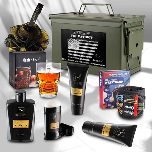 MASTER BEAR Ammo Can Gift Set For Men | Birthday Fathers Day Gifts From Wife, Son, Daughter for Husband, Dad | Glass Mug, Wristband, Sandalwood Amber - Bath Body Wash, Body Lotion, Facial Scrub mor