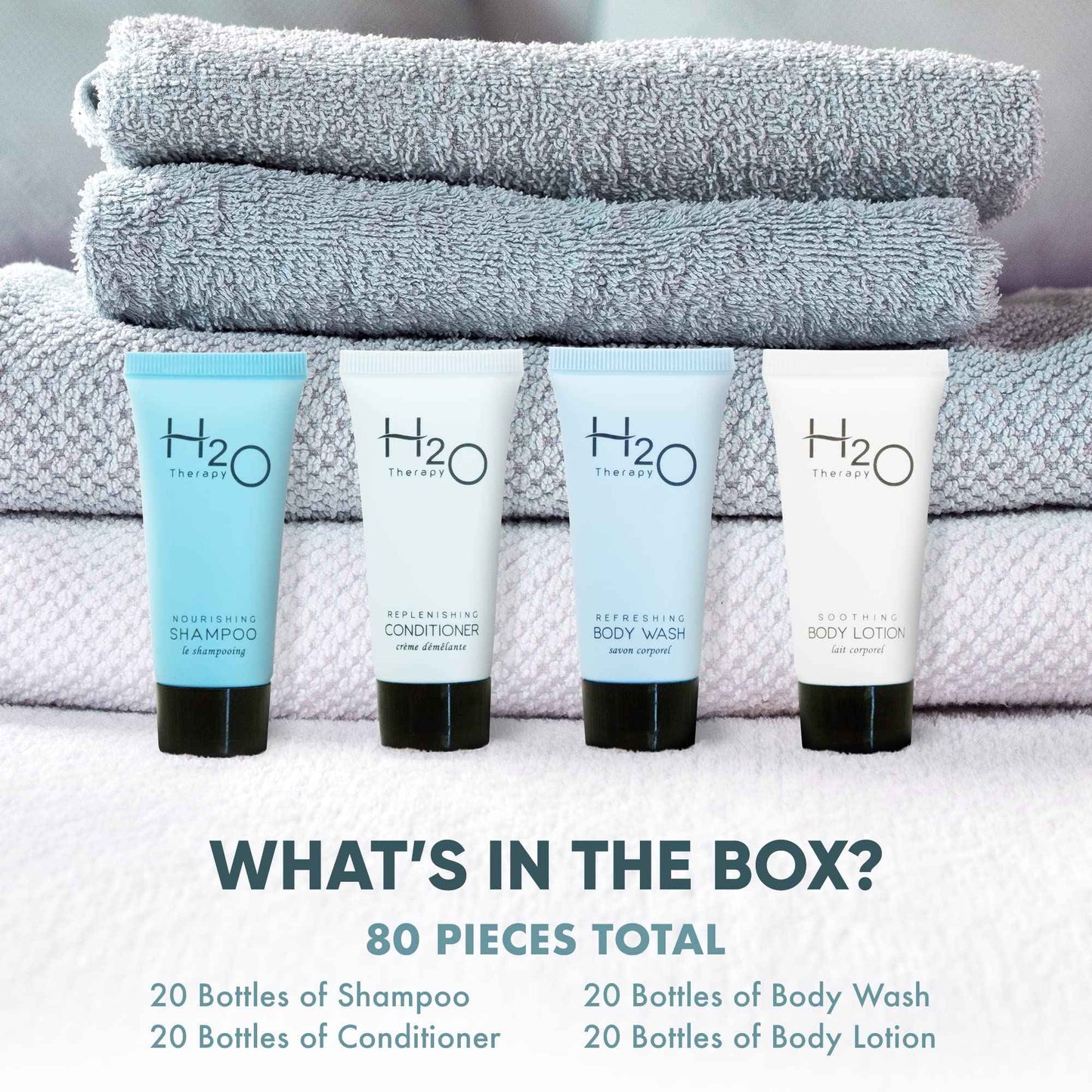 H2O Therapy Hotel Soaps & Toiletries Bulk Set | 1-Shoppe Amenities Kit | 0.85oz Shampoo & Conditioner, Body Wash, Lotion | Travel Size | 80 Pieces