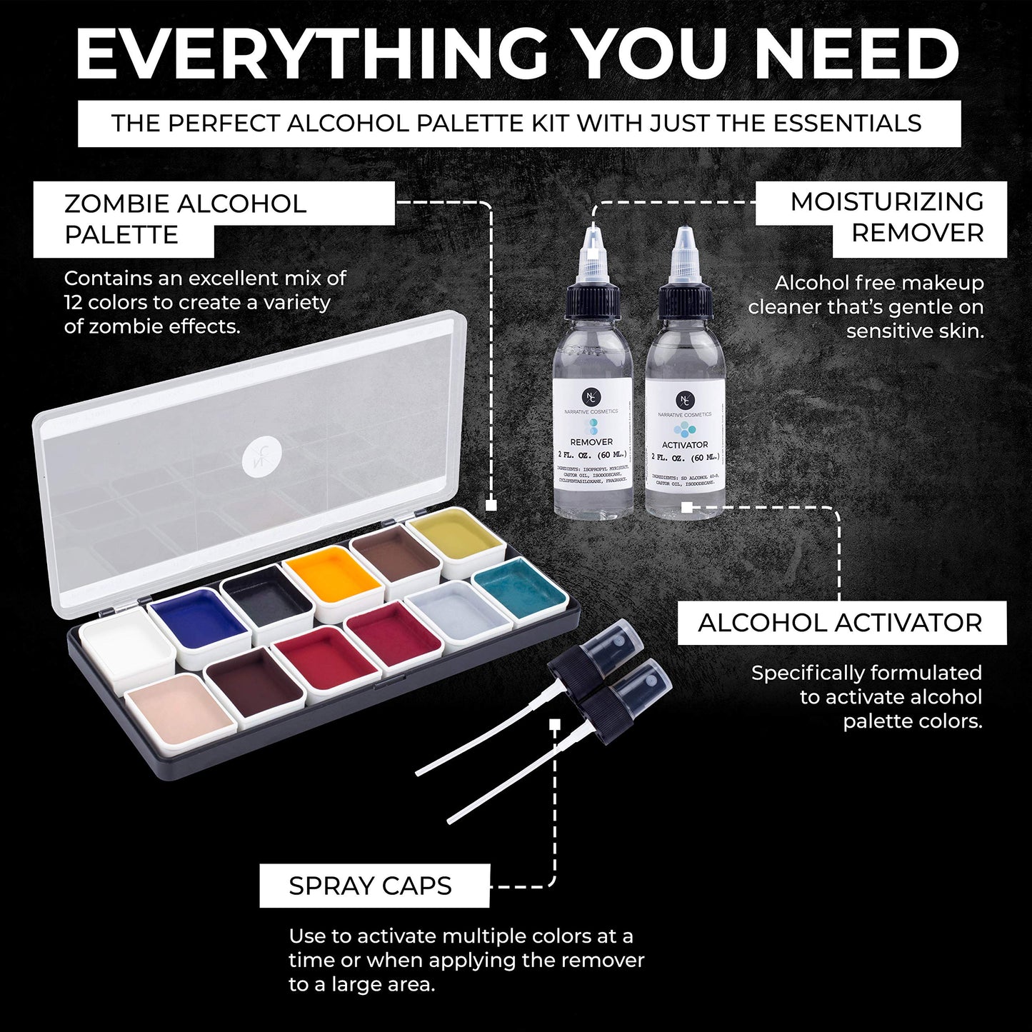 Narrative Cosmetics Zombie Alcohol-Activated Palette, Activator, and Remover Kit, Professional SFX Makeup Set
