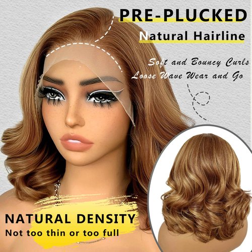 SOKU 13x6 Lace Front Bouncy Wavy Wig, Short Loose Wave Synthetic Wigs for Black Women 13x6 HD Lace Frontal 12 Inch Highlights Pre Plucked Glueless Wig Brown Mixed Blonde Color