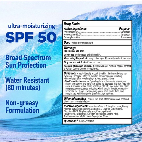 MyDerm Ultra-moisturizing SPF 50 Sport Sunscreen Lotion, Free from Octisalate, Oxybenzone, Octinoxate and Parabens, Hawaii 104 Reef Act Compliant, 128 oz (1 Gallon), Broad Spectrum UVA/UVB Protection